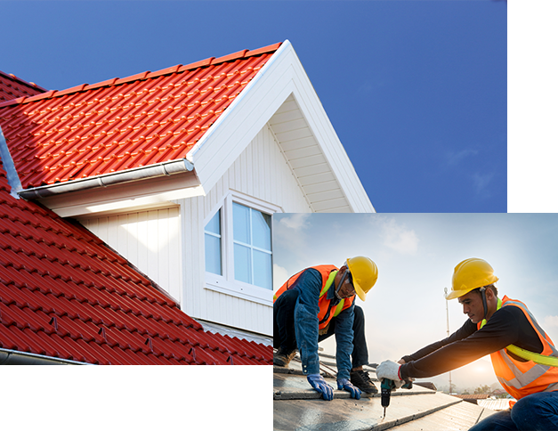 a house with a roof and workers drilling a roof