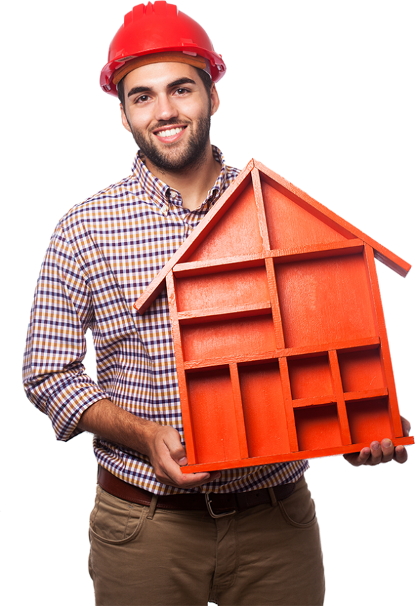 man holding wooden house